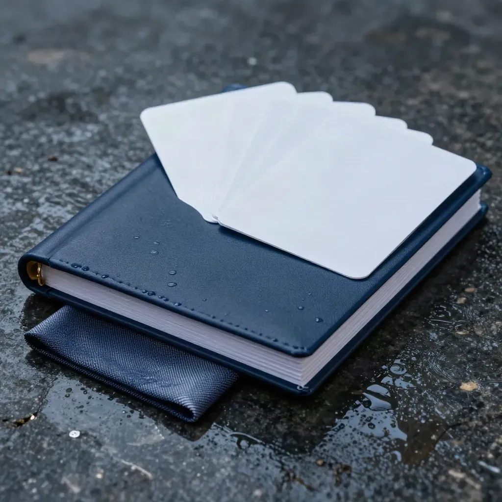 Launch binder with blank cards and fabric swatch on wet basalt in dramatic studio light.