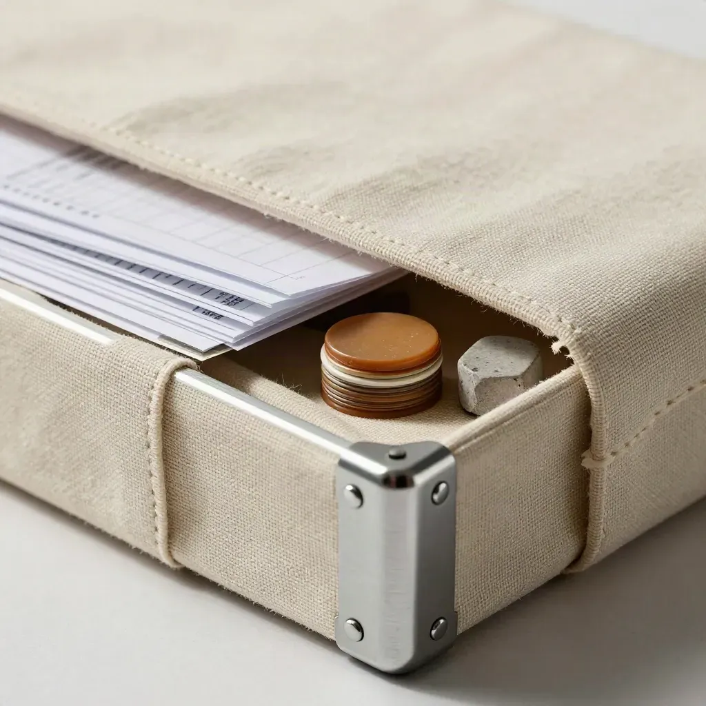 Macro of an export-readiness kit in canvas beside a stone weight, with silver metal details.