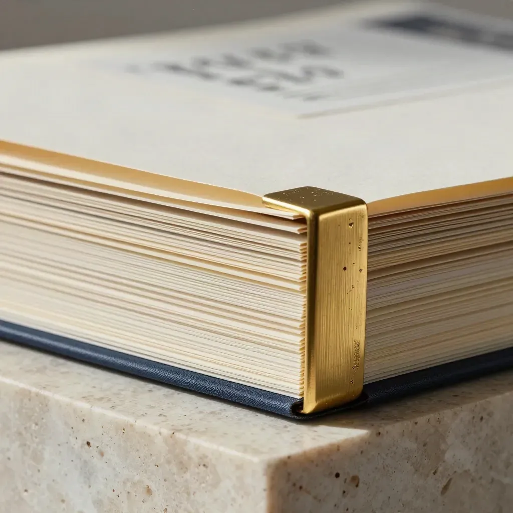 Macro of a premium folio with brass corner and divider tabs against travertine