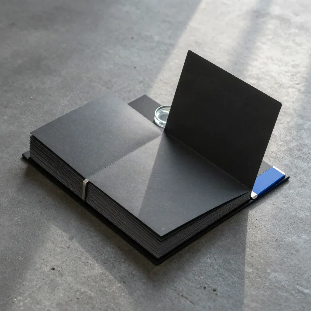 Extreme macro flat lay of a charcoal board update pack with blank cards, a fold-open sleeve and glass seal.