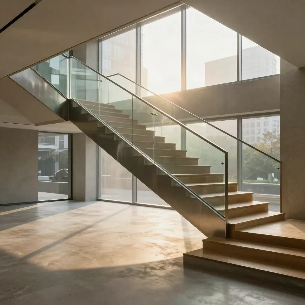 Sunlit glass atrium stairwell with polished concrete and city mist above a calm open floor.